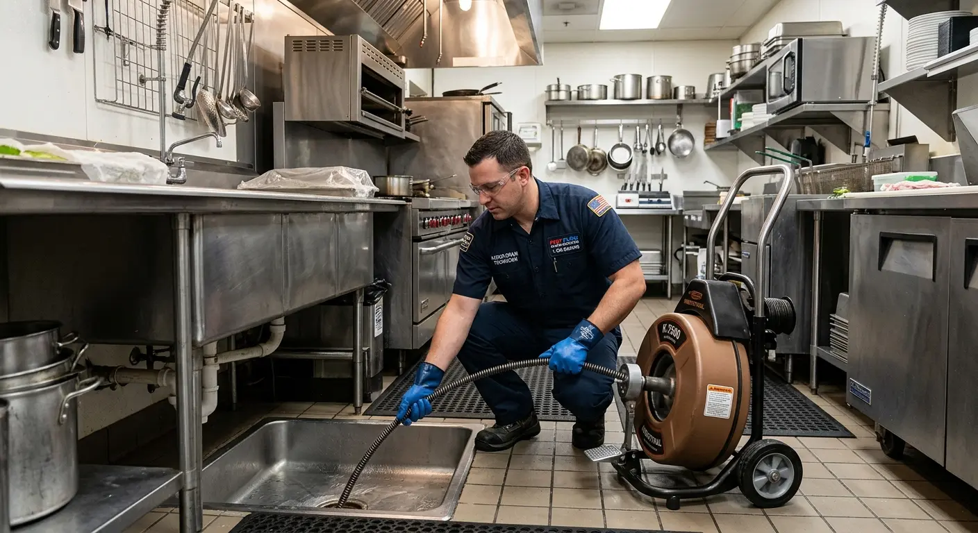 Commercial drain cleaning service in a restaurant kitchen in West Little River