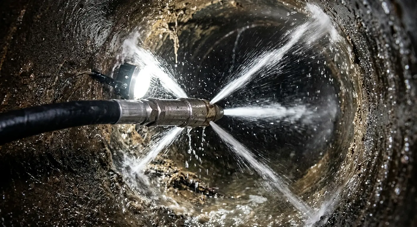 High-pressure hydro jetting nozzle cleaning sewer pipe for Trenchless Sewer Repair in West Little River