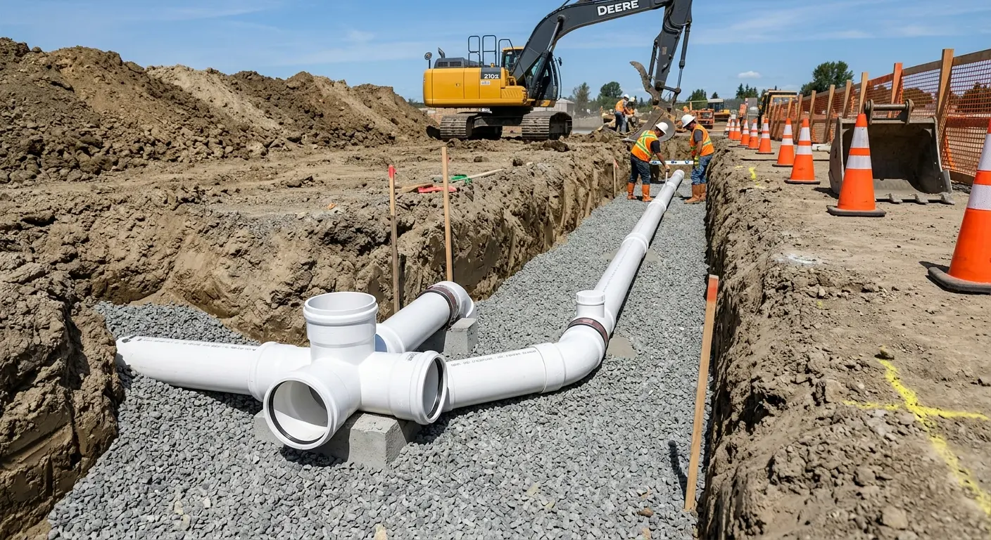 New PVC sewer pipe installation in open trench for Sewer Backup in West Little River