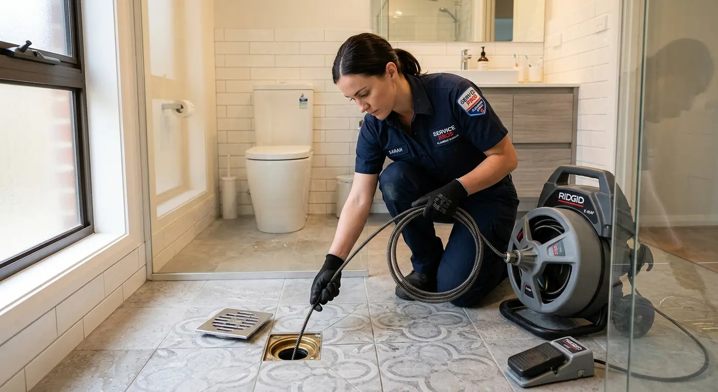 Technician clearing a bathroom floor drain for Drain Cleaning in West Little River